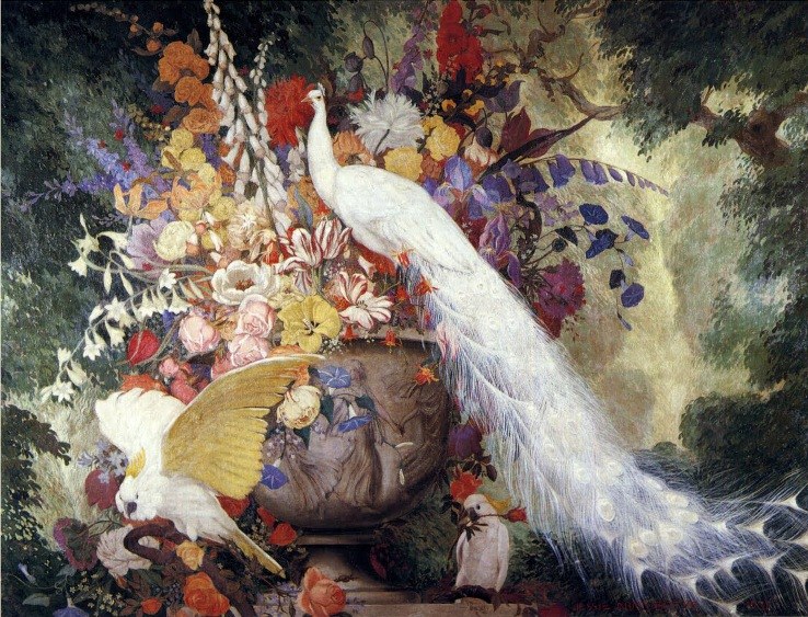 Unknown Artist White Peacock and Cockatoos